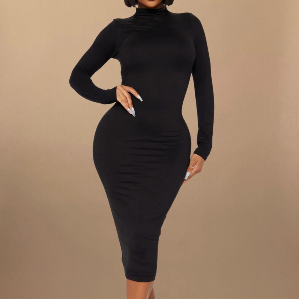 Fashion Nova Efina Black Midi Dress High Neck Long Sleeve Bodycon S NWT